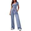 imagePRETTYGARDEN 2 Piece Sets for Women Summer 2026 Spring Lounge Set Matching V Neck Tops Wide Leg Pants Airport Travel OutfitsBlue Grey