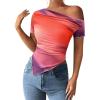 imagePRETTYGARDEN Womens Summer Off The Shoulder Tops 2026 Spring Short Sleeve Mesh Tie Dye Shirt Ruched Asymmetrical Y2k ClothesMulticolour Print