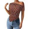 imagePRETTYGARDEN Womens Summer Off The Shoulder Tops 2026 Spring Short Sleeve Mesh Tie Dye Shirt Ruched Asymmetrical Y2k ClothesPolka Dot Brown