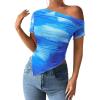 imagePRETTYGARDEN Womens Summer Off The Shoulder Tops 2026 Spring Short Sleeve Mesh Tie Dye Shirt Ruched Asymmetrical Y2k ClothesWatercolor Light Blue