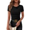 imagePRETTYGARDEN Womens Summer Tops 2026 Cute Cowl Neck Short Sleeve TShirts Ribbed Knit Fitted Spring Ruched Crop TopBlack