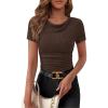 imagePRETTYGARDEN Womens Summer Tops 2026 Cute Cowl Neck Short Sleeve TShirts Ribbed Knit Fitted Spring Ruched Crop TopBrown