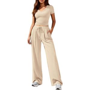 imagePRETTYGARDEN 2 Piece Sets for Women Summer 2026 Spring Lounge Set Matching V Neck Tops Wide Leg Pants Airport Travel OutfitsApricot