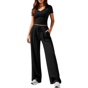 imagePRETTYGARDEN 2 Piece Sets for Women Summer 2026 Spring Lounge Set Matching V Neck Tops Wide Leg Pants Airport Travel OutfitsBlack