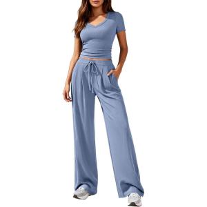 imagePRETTYGARDEN 2 Piece Sets for Women Summer 2026 Spring Lounge Set Matching V Neck Tops Wide Leg Pants Airport Travel OutfitsBlue Grey