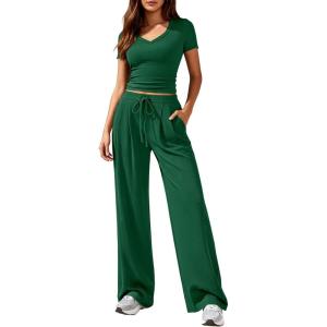 imagePRETTYGARDEN 2 Piece Sets for Women Summer 2026 Spring Lounge Set Matching V Neck Tops Wide Leg Pants Airport Travel OutfitsGreen