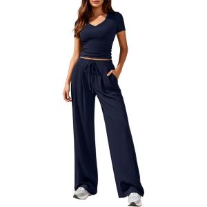 imagePRETTYGARDEN 2 Piece Sets for Women Summer 2026 Spring Lounge Set Matching V Neck Tops Wide Leg Pants Airport Travel OutfitsNavy