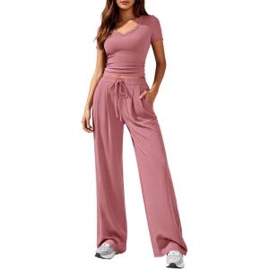 imagePRETTYGARDEN 2 Piece Sets for Women Summer 2026 Spring Lounge Set Matching V Neck Tops Wide Leg Pants Airport Travel OutfitsPink