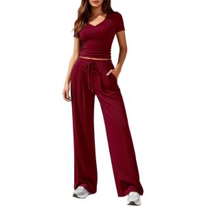 imagePRETTYGARDEN 2 Piece Sets for Women Summer 2026 Spring Lounge Set Matching V Neck Tops Wide Leg Pants Airport Travel OutfitsWine Red