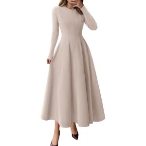 imagePRETTYGARDEN Cocktail Dresses for Women 2026 Elegant Classy Fall Long Sleeve Midi A Line Flowy Modest Winter Party DressApricot