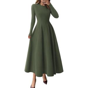 imagePRETTYGARDEN Cocktail Dresses for Women 2026 Elegant Classy Fall Long Sleeve Midi A Line Flowy Modest Winter Party DressArmy Green