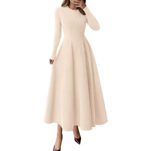 imagePRETTYGARDEN Cocktail Dresses for Women 2026 Elegant Classy Fall Long Sleeve Midi A Line Flowy Modest Winter Party DressBeige