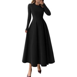 imagePRETTYGARDEN Cocktail Dresses for Women 2026 Elegant Classy Fall Long Sleeve Midi A Line Flowy Modest Winter Party DressBlack