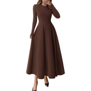 imagePRETTYGARDEN Cocktail Dresses for Women 2026 Elegant Classy Fall Long Sleeve Midi A Line Flowy Modest Winter Party DressBrown