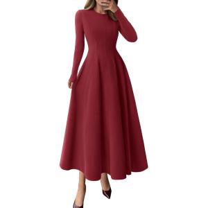 imagePRETTYGARDEN Cocktail Dresses for Women 2026 Elegant Classy Fall Long Sleeve Midi A Line Flowy Modest Winter Party DressBurgundy