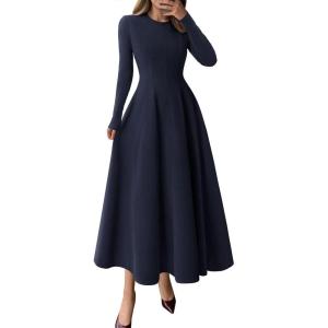 imagePRETTYGARDEN Cocktail Dresses for Women 2026 Elegant Classy Fall Long Sleeve Midi A Line Flowy Modest Winter Party DressDark Blue