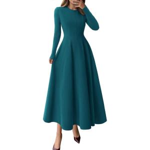 imagePRETTYGARDEN Cocktail Dresses for Women 2026 Elegant Classy Fall Long Sleeve Midi A Line Flowy Modest Winter Party DressDark Cyan