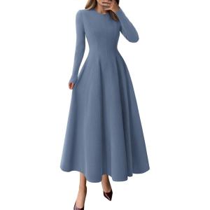 imagePRETTYGARDEN Cocktail Dresses for Women 2026 Elegant Classy Fall Long Sleeve Midi A Line Flowy Modest Winter Party DressDusty Blue