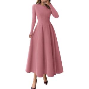 imagePRETTYGARDEN Cocktail Dresses for Women 2026 Elegant Classy Fall Long Sleeve Midi A Line Flowy Modest Winter Party DressPink