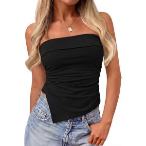 imagePRETTYGARDEN Going Out Tube Tops for Women Trendy Summer 2026 Asymmetrical Ruched Strapless Bandeau Shirts Spring ClothesBlack