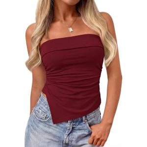 imagePRETTYGARDEN Going Out Tube Tops for Women Trendy Summer 2026 Asymmetrical Ruched Strapless Bandeau Shirts Spring ClothesBurgundy