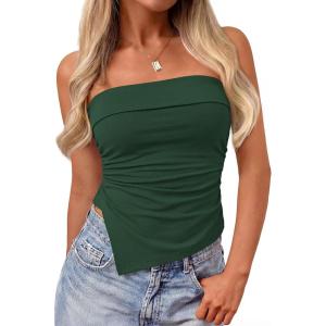 imagePRETTYGARDEN Going Out Tube Tops for Women Trendy Summer 2026 Asymmetrical Ruched Strapless Bandeau Shirts Spring ClothesGreen