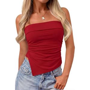imagePRETTYGARDEN Going Out Tube Tops for Women Trendy Summer 2026 Asymmetrical Ruched Strapless Bandeau Shirts Spring ClothesRed