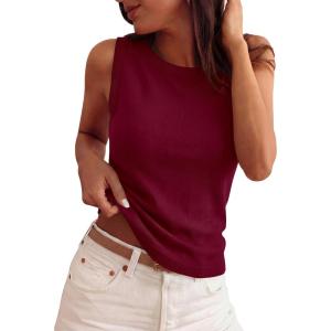 imagePRETTYGARDEN Sleeveless Sweater Tops for Women 2026 Summer Dressy Ribbed Tank Tops Spring Business Casual Work Shirts BlousesBurgundy