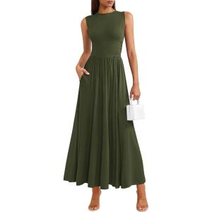 imagePRETTYGARDEN Summer Maxi Dresses for Women 2026 Sleeveless A Line Flowy Long Casual Sundress Wedding Guest Fashion ClothingArmy Green