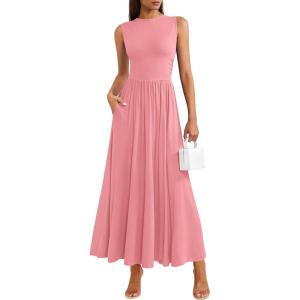 imagePRETTYGARDEN Summer Maxi Dresses for Women 2026 Sleeveless A Line Flowy Long Casual Sundress Wedding Guest Fashion ClothingPink