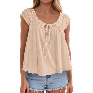 imagePRETTYGARDEN Women Babydoll Tops 2026 Summer Clothes Cap Sleeve Tie Front Flowy Tank Top Peplum Blouses Cute Going Out ShirtsApricot