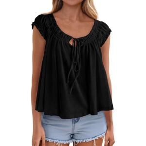 imagePRETTYGARDEN Women Babydoll Tops 2026 Summer Clothes Cap Sleeve Tie Front Flowy Tank Top Peplum Blouses Cute Going Out ShirtsBlack