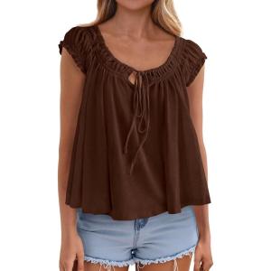imagePRETTYGARDEN Women Babydoll Tops 2026 Summer Clothes Cap Sleeve Tie Front Flowy Tank Top Peplum Blouses Cute Going Out ShirtsBrown