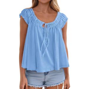 imagePRETTYGARDEN Women Babydoll Tops 2026 Summer Clothes Cap Sleeve Tie Front Flowy Tank Top Peplum Blouses Cute Going Out ShirtsLight Blue