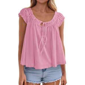 imagePRETTYGARDEN Women Babydoll Tops 2026 Summer Clothes Cap Sleeve Tie Front Flowy Tank Top Peplum Blouses Cute Going Out ShirtsPink