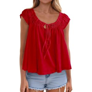 imagePRETTYGARDEN Women Babydoll Tops 2026 Summer Clothes Cap Sleeve Tie Front Flowy Tank Top Peplum Blouses Cute Going Out ShirtsRed