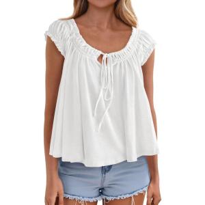 imagePRETTYGARDEN Women Babydoll Tops 2026 Summer Clothes Cap Sleeve Tie Front Flowy Tank Top Peplum Blouses Cute Going Out ShirtsWhite