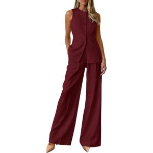 imagePRETTYGARDEN Womens 2 Piece Sets Summer 2026 Work Clothes Sleeveless Blazer Vest Pants Suits Spring Business Casual OutfitsBurgundy