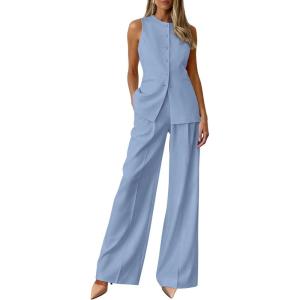 imagePRETTYGARDEN Womens 2 Piece Sets Summer 2026 Work Clothes Sleeveless Blazer Vest Pants Suits Spring Business Casual OutfitsLight Blue