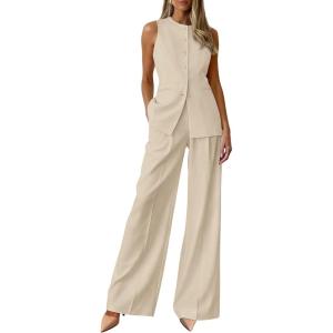 imagePRETTYGARDEN Womens 2 Piece Sets Summer 2026 Work Clothes Sleeveless Blazer Vest Pants Suits Spring Business Casual OutfitsLight Khaki