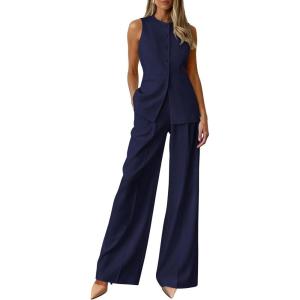 imagePRETTYGARDEN Womens 2 Piece Sets Summer 2026 Work Clothes Sleeveless Blazer Vest Pants Suits Spring Business Casual OutfitsNavy Blue