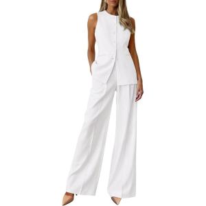 imagePRETTYGARDEN Womens 2 Piece Sets Summer 2026 Work Clothes Sleeveless Blazer Vest Pants Suits Spring Business Casual OutfitsWhite