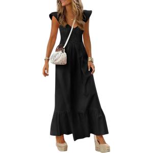 imagePRETTYGARDEN Womens 2026 Summer Casual Maxi Dresses Cap Sleeve V Neck Smocked Long Pockets Party Sundress Vacation OutfitsBlack