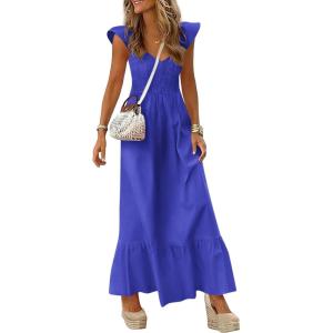 imagePRETTYGARDEN Womens 2026 Summer Casual Maxi Dresses Cap Sleeve V Neck Smocked Long Pockets Party Sundress Vacation OutfitsBlue