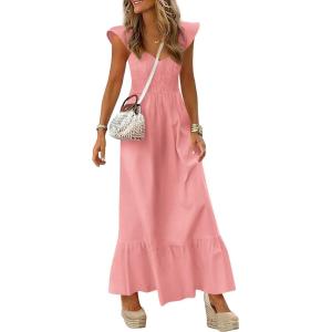 imagePRETTYGARDEN Womens 2026 Summer Casual Maxi Dresses Cap Sleeve V Neck Smocked Long Pockets Party Sundress Vacation OutfitsPink