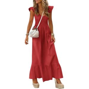 imagePRETTYGARDEN Womens 2026 Summer Casual Maxi Dresses Cap Sleeve V Neck Smocked Long Pockets Party Sundress Vacation OutfitsRed