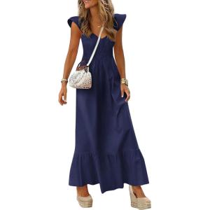 imagePRETTYGARDEN Womens 2026 Summer Casual Maxi Dresses Cap Sleeve V Neck Smocked Long Pockets Party Sundress Vacation OutfitsRoyal Blue