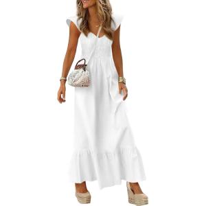 imagePRETTYGARDEN Womens 2026 Summer Casual Maxi Dresses Cap Sleeve V Neck Smocked Long Pockets Party Sundress Vacation OutfitsWhite
