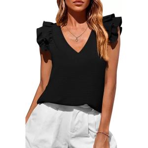 imagePRETTYGARDEN Womens Blouses Dressy Casual 2026 Summer V Neck Ruffle Cap Sleeve Business Work Tops Spring Teacher ShirtsBlack
