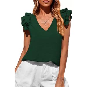 imagePRETTYGARDEN Womens Blouses Dressy Casual 2026 Summer V Neck Ruffle Cap Sleeve Business Work Tops Spring Teacher ShirtsDark Green
